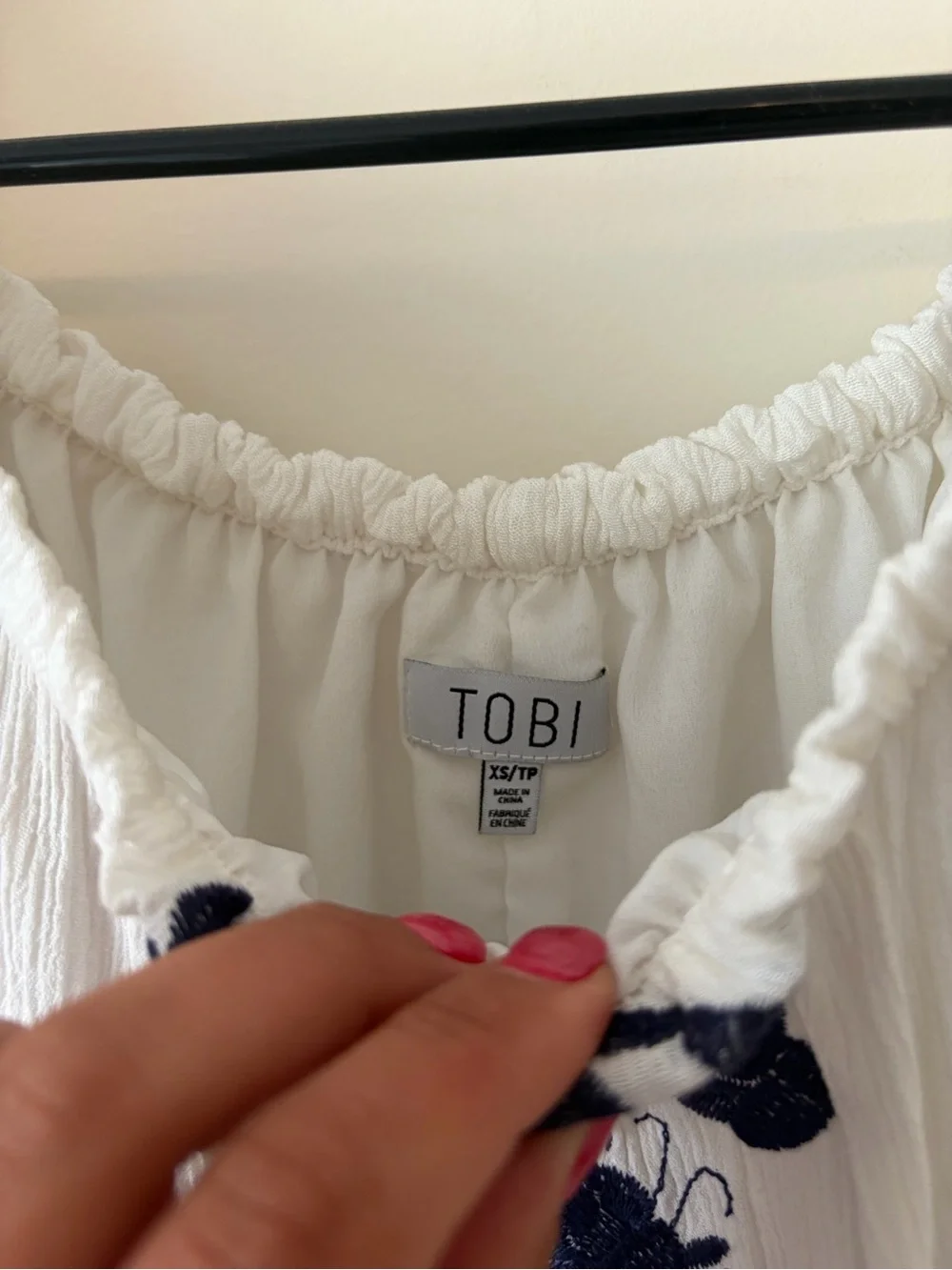 Tobi Off-Shoulder White Dress with Blue Embroidered Trim - Picture 5 of 6